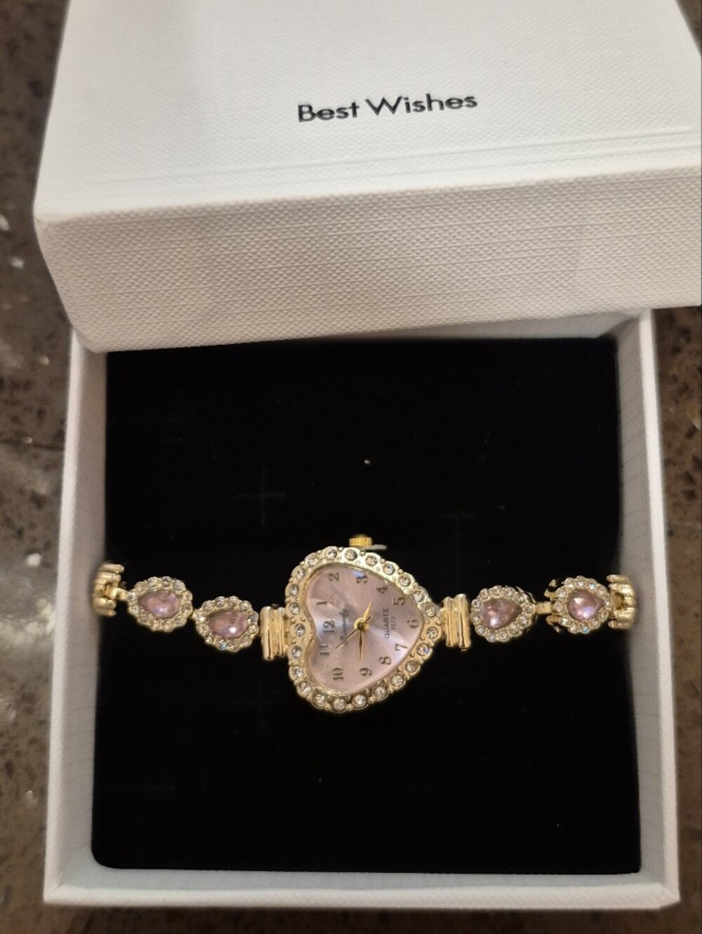 Gold Heart Bracelet Watch with Pink Dial and Crystal Accents